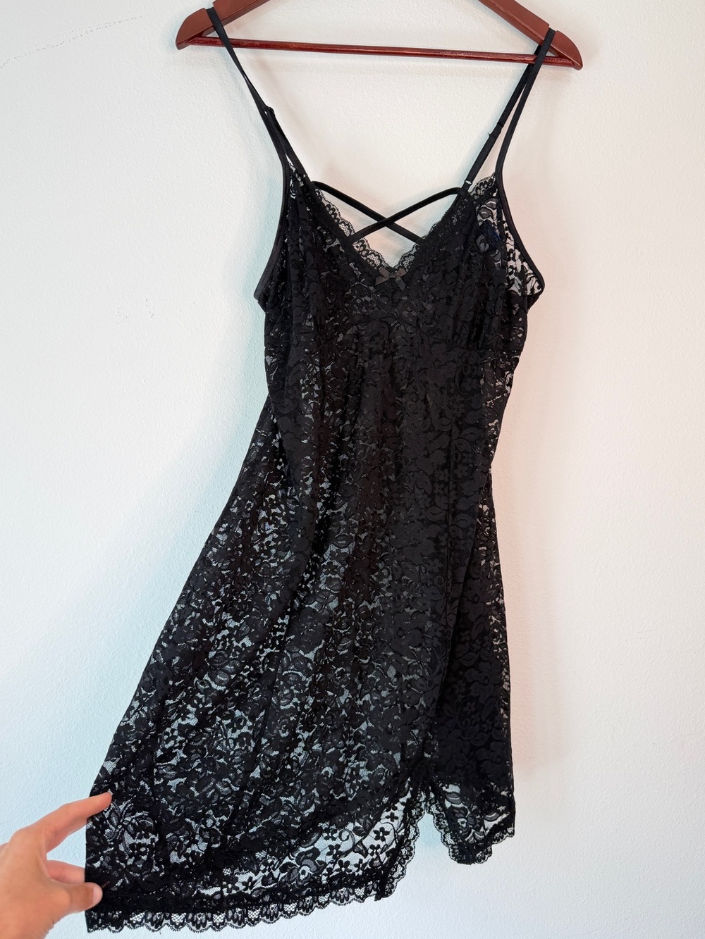 Vintage 90s Inspo Black Sheer Lace Babydoll Mini‎ Dress Chemise Slip Womens XL